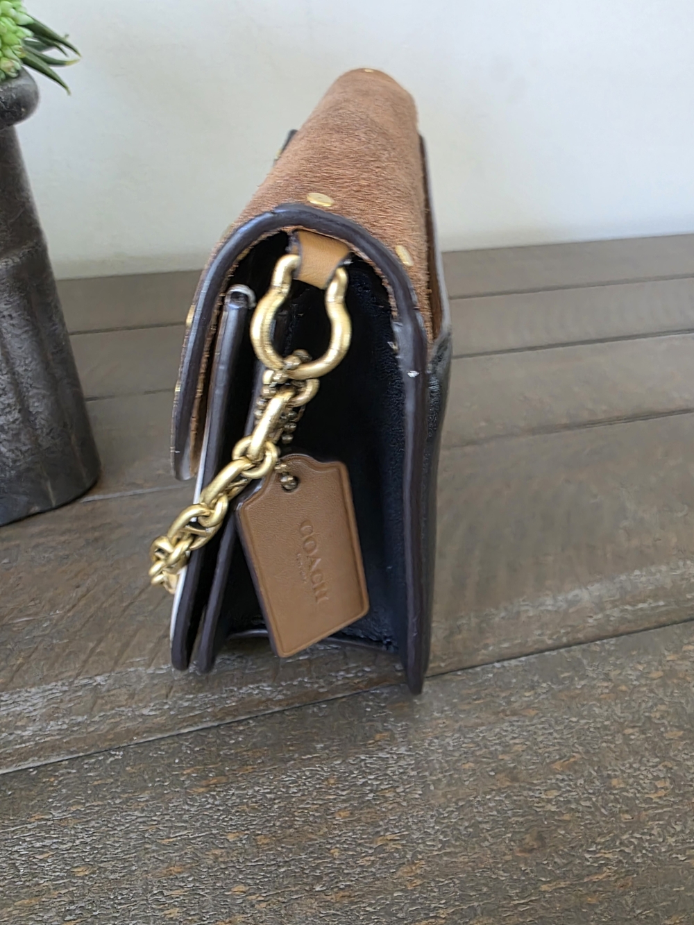 Coach Beat Crossbody Clutch Brown Suede White Leather Rivet Chain Strap - Picture 8 of 16